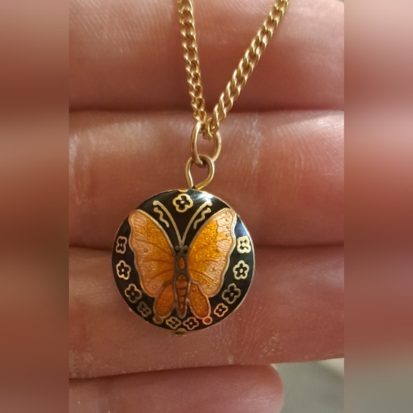 Vtg Butterfly Enamel Cloisonne Pendant Orange Black Gold W Chain Delicate - Picture 2 of 8